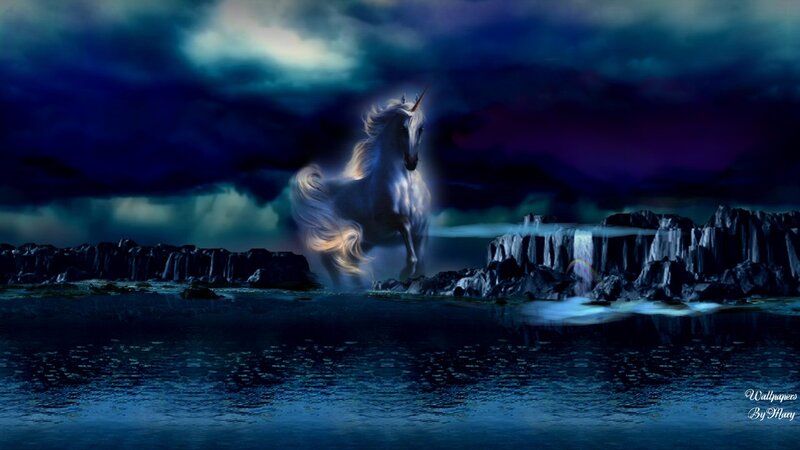 White Unicorn in Water — Blue, Dramatic, Night, Digital Art
