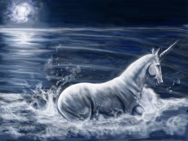White Unicorn in Water — Blue, Dramatic