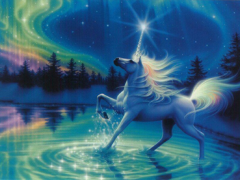 White Unicorn in Water — Blue, Magical, Night