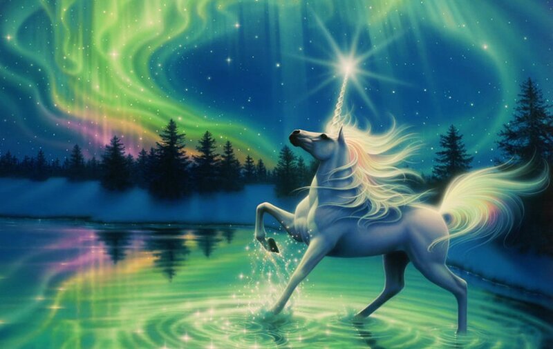 White Unicorn in Water — Green, Magical, Night