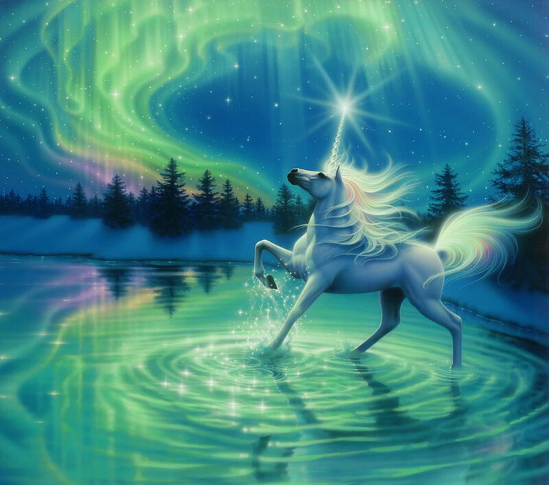 White Unicorn in Water — Green, Magical