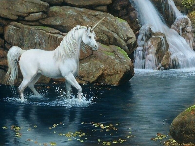 White Unicorn in Water — Serene, Painting
