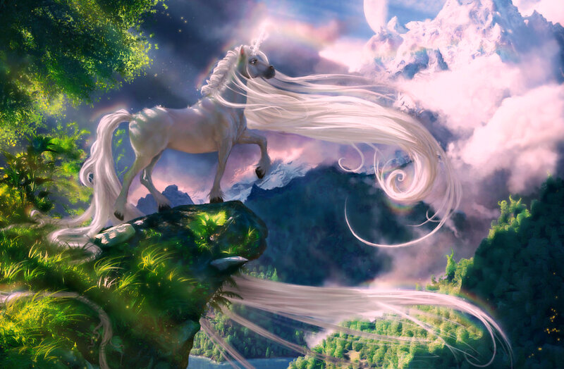 White Unicorn on Cliff — Green