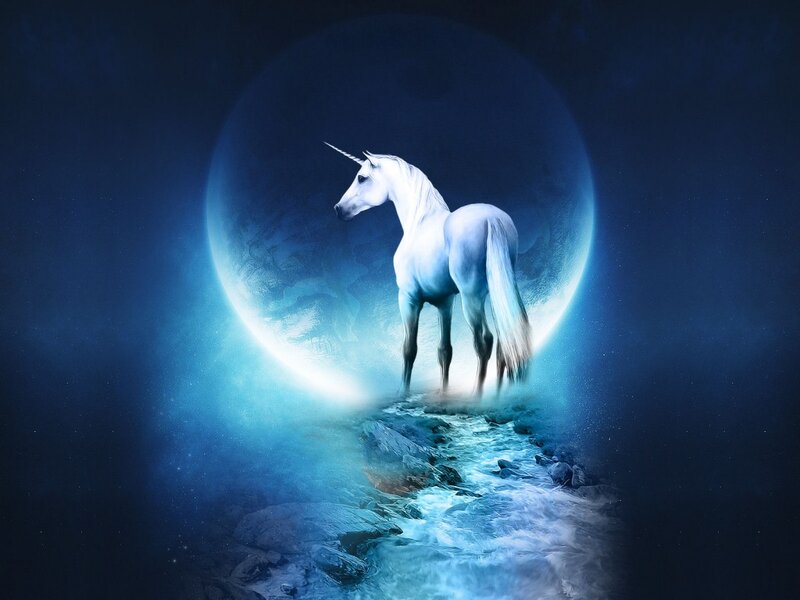 White Unicorn on Rock — Blue, Serene