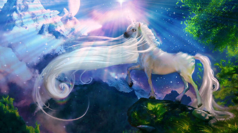 White Unicorn on Rock — Blue