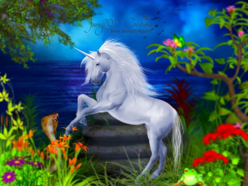 White Unicorn Rearing — Blue, Fantastical, Night