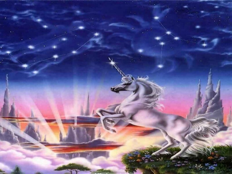 White Unicorn Rearing — Blue, Fantastical
