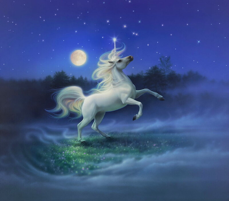 White Unicorn Rearing — Blue, Serene
