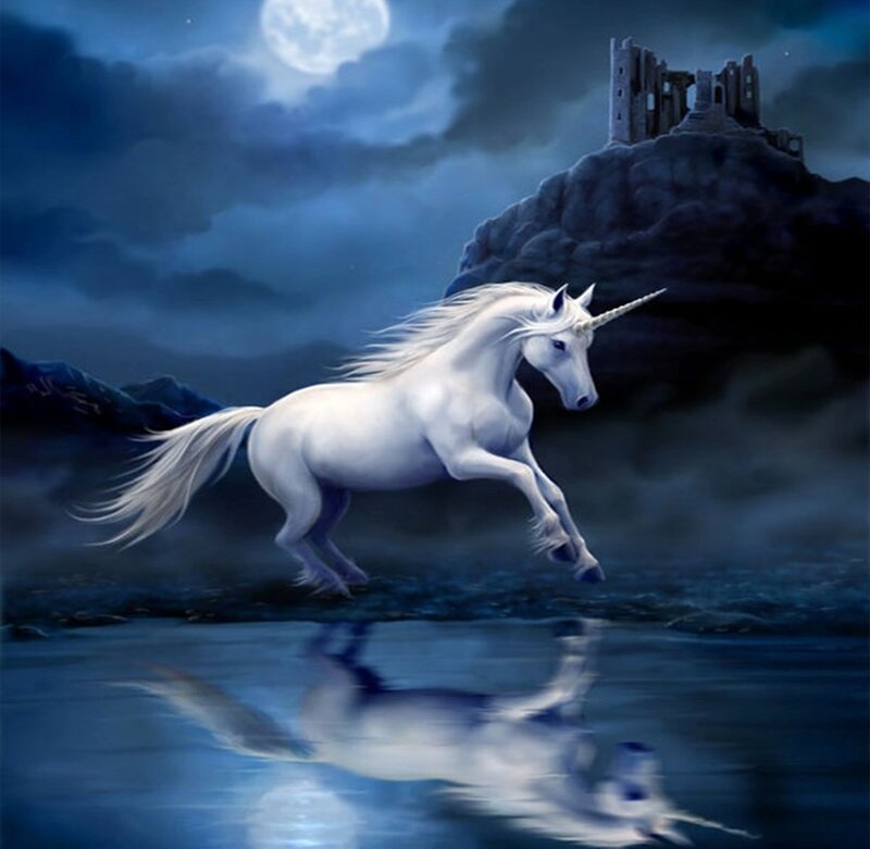 White Unicorn Running — Blue, Dramatic, Night, Digital Art
