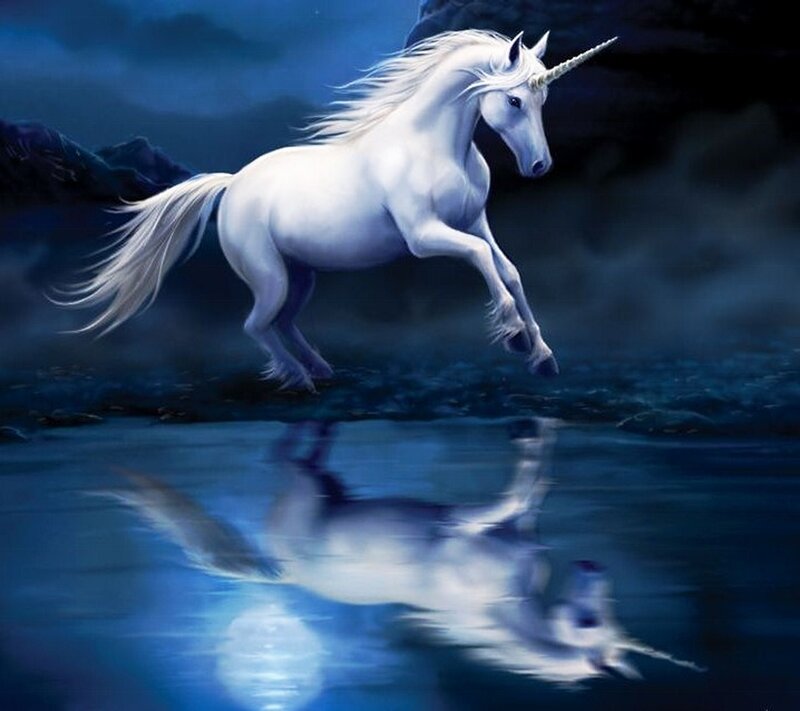 White Unicorn Running — Blue, Dramatic, Night