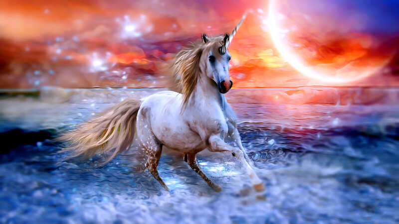 White Unicorn Running — Blue, Dramatic, Sunset