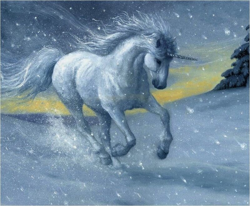 White Unicorn Running — Blue, Dramatic