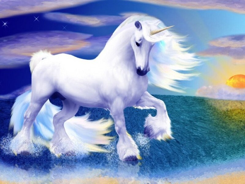 White Unicorn Running — Blue, Fantasy, Sunset