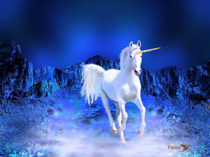 White Unicorn Running — Blue, Fantasy