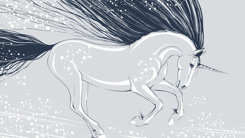 White Unicorn Running — Gray, Dynamic, Digital Art, Mane, Tail