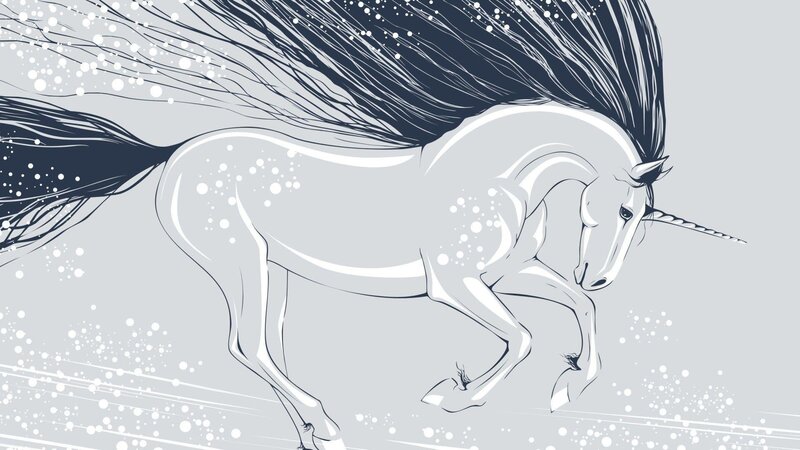 White Unicorn Running — Gray, Dynamic, Digital Art, Mane