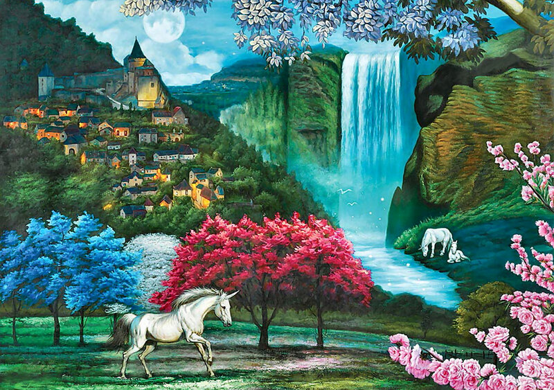 White Unicorn Running — Green, Serene, Night, Painting