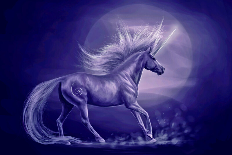 White Unicorn Running — Purple, Dramatic, Night, Digital Art