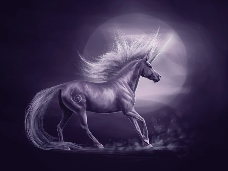 White Unicorn Running — Purple, Dramatic, Night