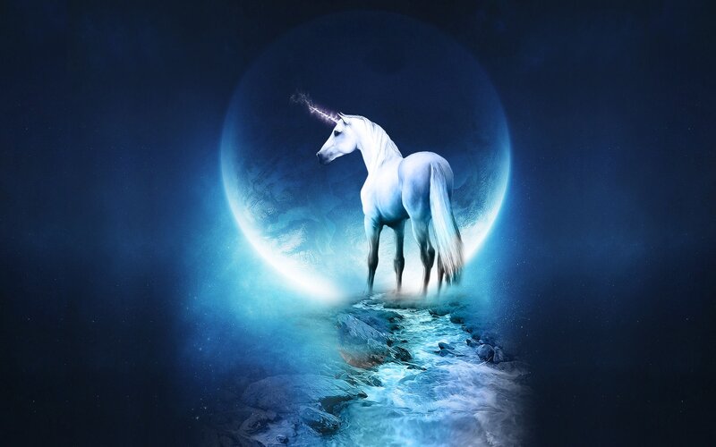 White Unicorn Standing — Blue, Serene
