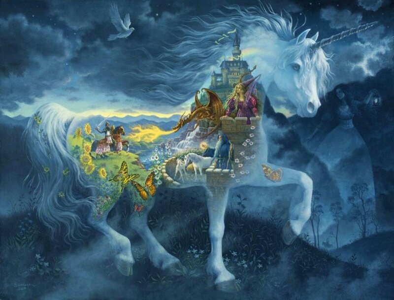 White Unicorn with Castle — Blue