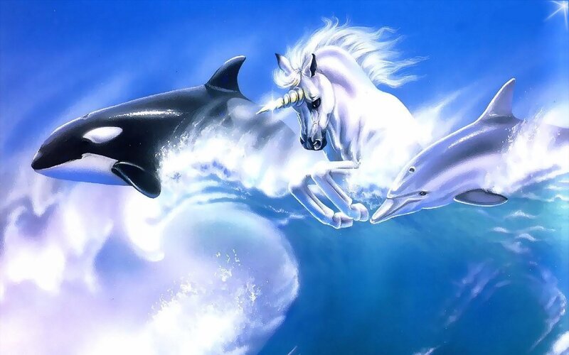 White Unicorn with Dolphins — Blue