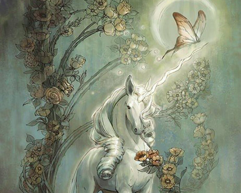 White Unicorn with Flowers — Green