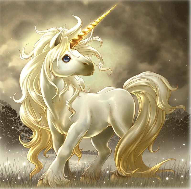 White Unicorn with Golden Horn — Dramatic, Night, Digital Art
