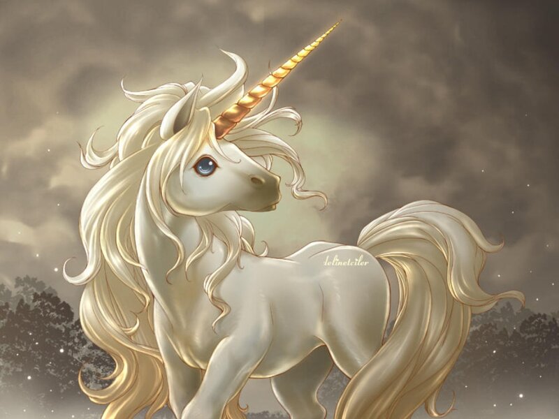 White Unicorn with Golden Horn — Dramatic, Night