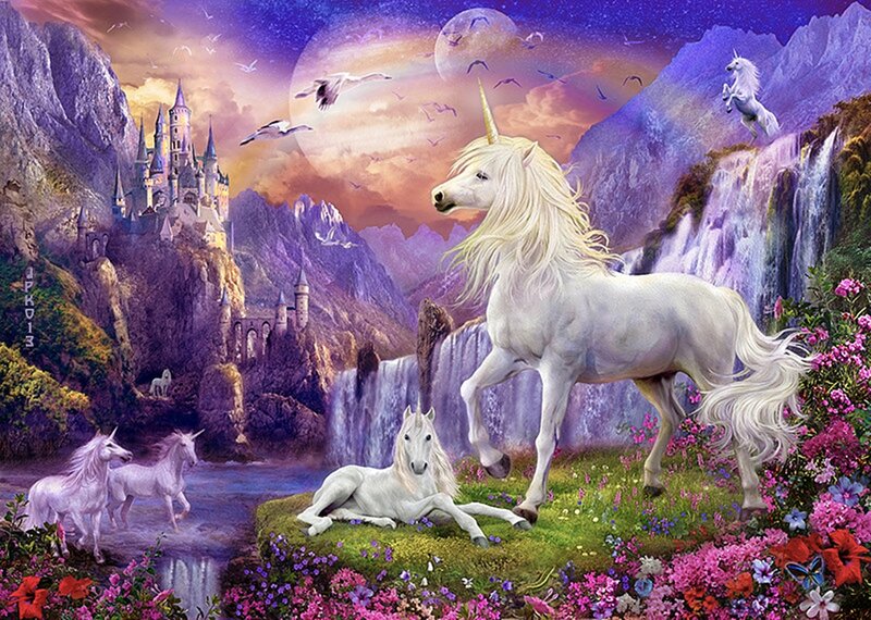 White Unicorns in Fantasy Landscape — Purple
