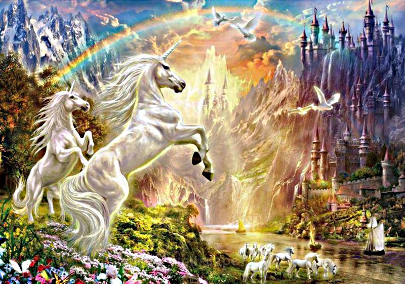 White Unicorns in Fantasy Landscape