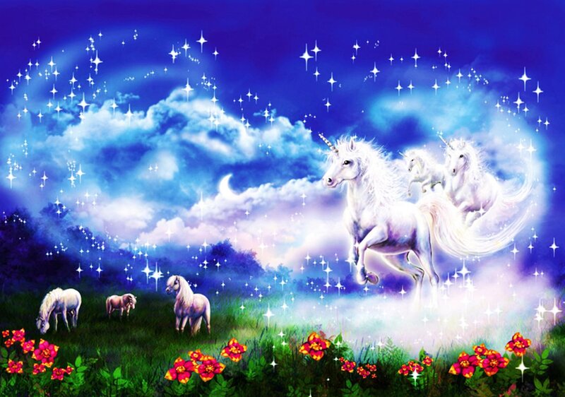 White Unicorns in Field — Blue