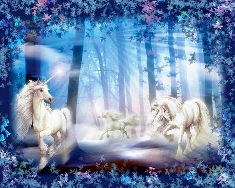 White Unicorns in Forest — Blue, Magical
