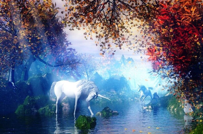 White Unicorns in Forest — Blue, Serene