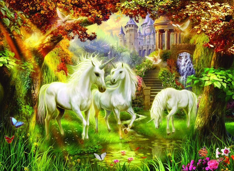 White Unicorns in Forest — Green, Magical, Afternoon