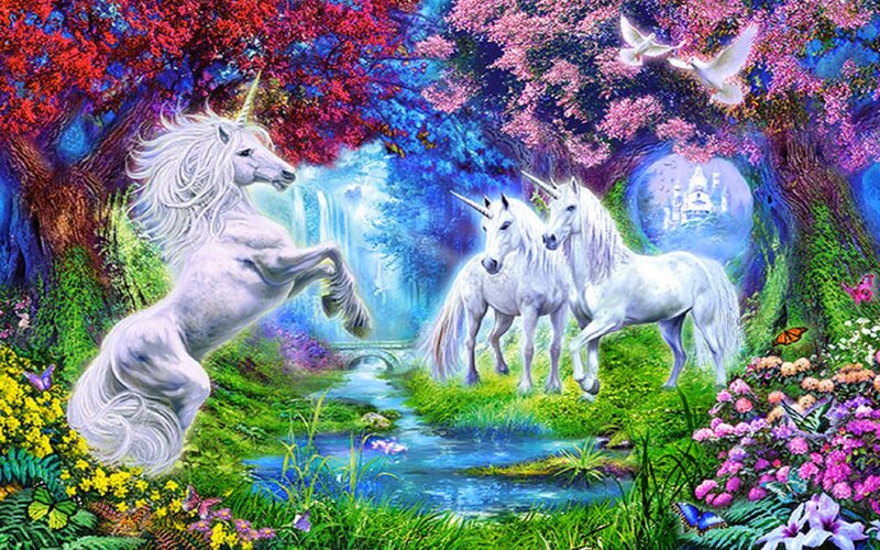 White Unicorns in Forest — Green, Magical, Spring