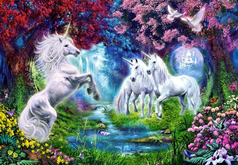 White Unicorns in Forest — Green, Magical