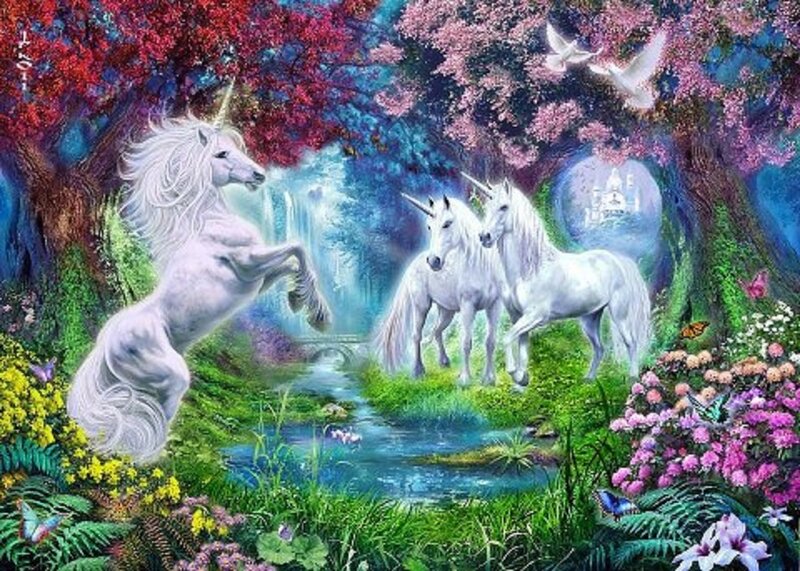 White Unicorns in Forest — Green, Serene