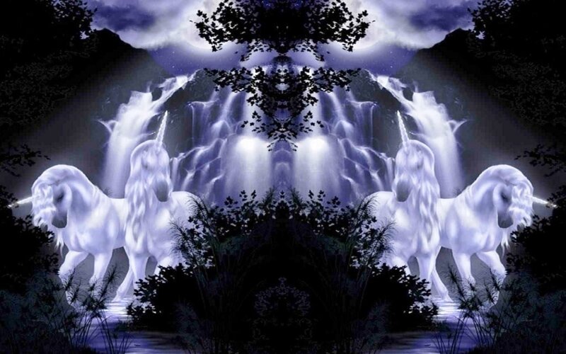 White Unicorns in Forest — Purple, Mystical
