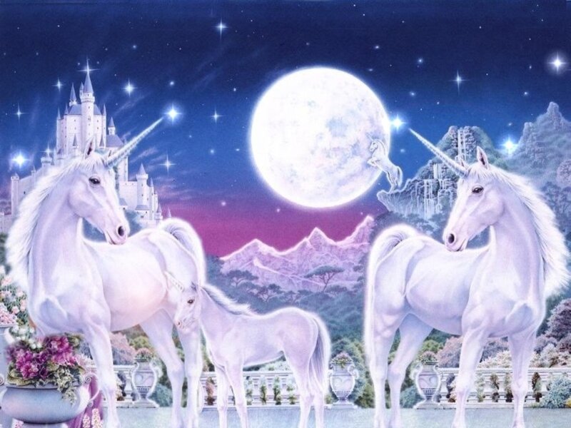 White Unicorns in Garden — Blue