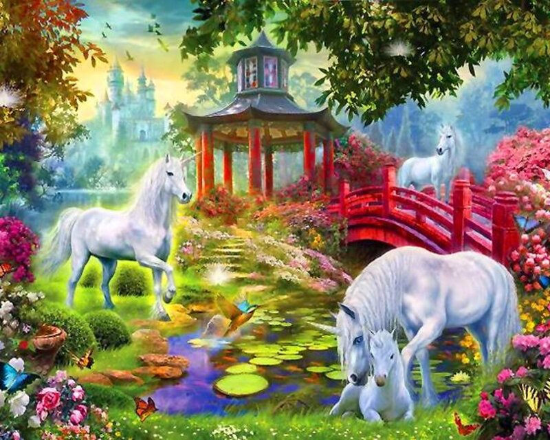 White Unicorns in Garden — Green, Serene