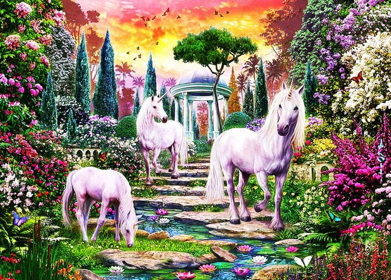 White Unicorns in Garden — Pink