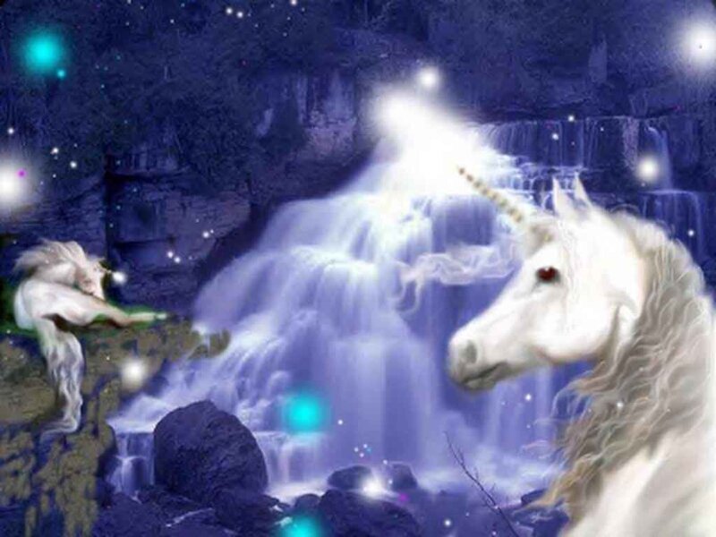 White Unicorns Near Waterfall