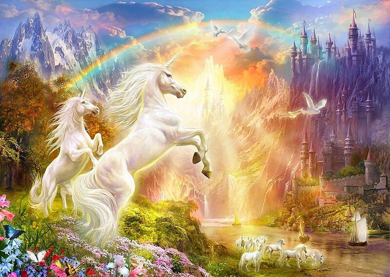 White Unicorns Rearing — Fantastical, Sunset