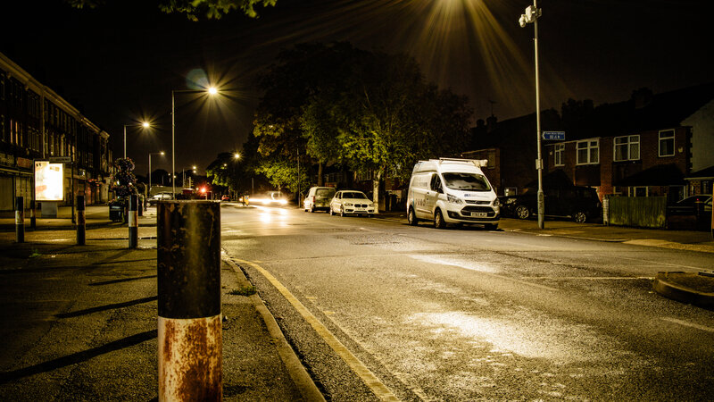 White Van on Street — Black, Dark