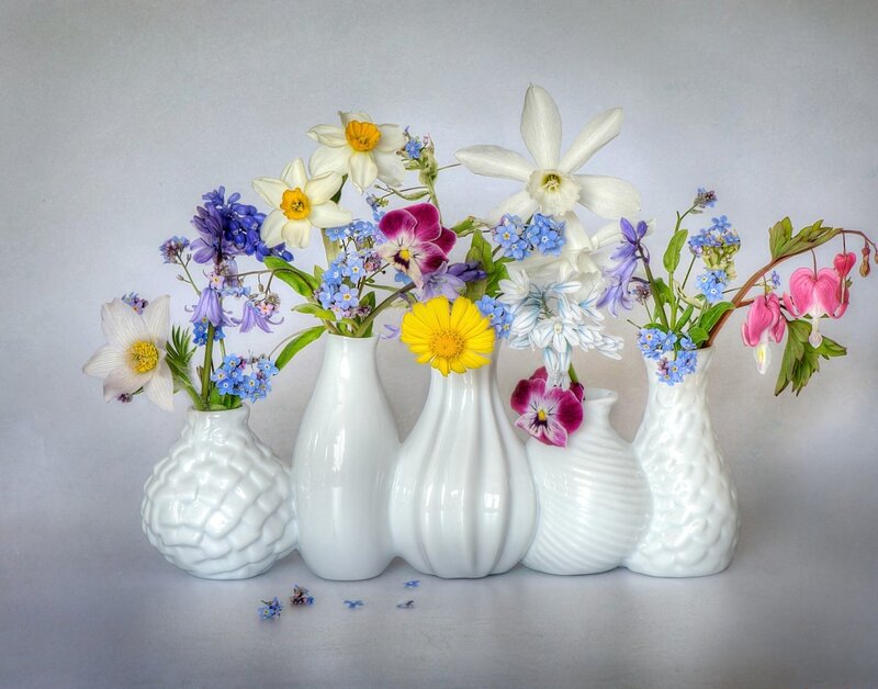 White Vases with Flowers — Serene, Spring