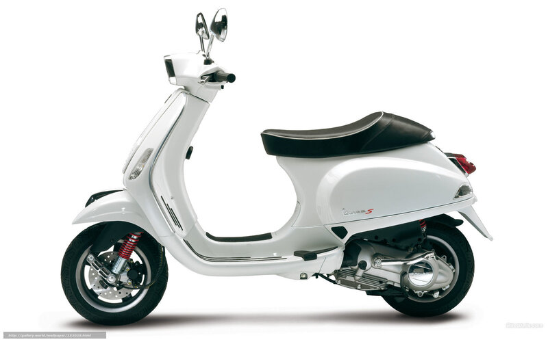 White Vespa Scooter — Neutral, Photograph, Black Seat, Chrome Mirrors