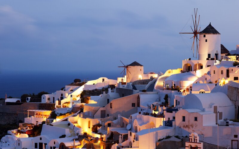 White village at dusk in Santorini