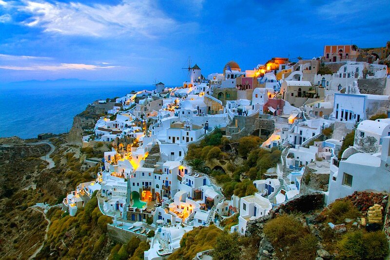 White Village on Cliff — Blue