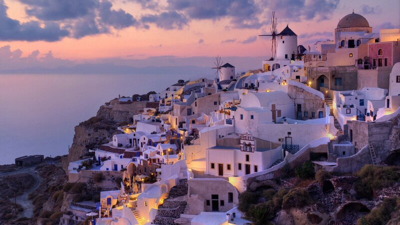 White Village on Cliff — Serene, Sunset, Photograph